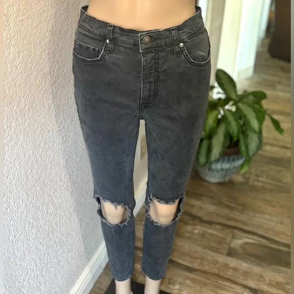 FREE PEOPLE Charcoal Black High-Waisted Distressed Skinny Jeans - Picture 1 of 7